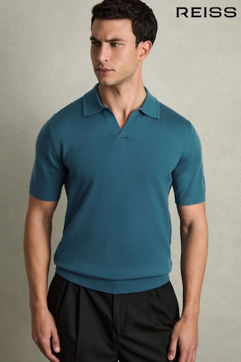 Reiss Deep Teal Blue Duchie Merino Wool Open-Collar Polo Shirt (AB2471) | £88