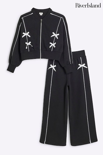 River Island Black Girls Bows Trim 100% Cotton Bomber Jackets Trousers Set (AB2576) | £35