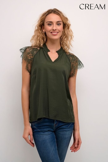 Cream Green Crnola Cap Sleeves V-Neck Lace Top (AB2819) | £45