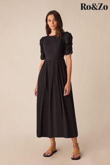 Ro&Zo Black Ro&Zo 100% Cotton Puff Sleeve Midi Black Dress (AB3443) | £99