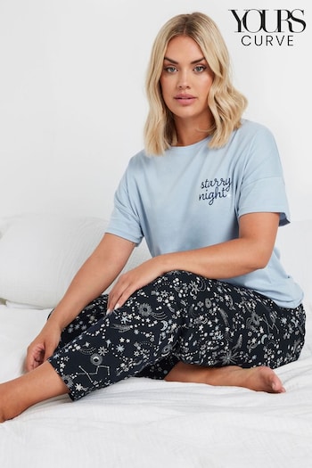 Yours Curve Blue Starry Night Wide Leg 100% Cotton Pyjamas Set (AB4078) | £28