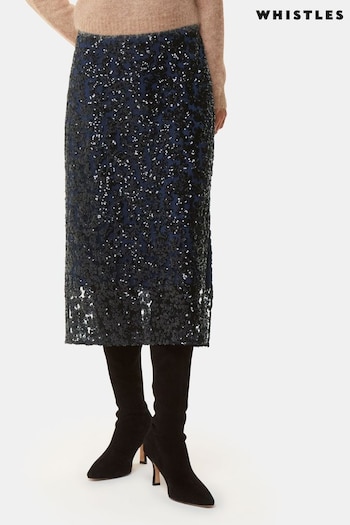 Whistles Black Floral Sequin Midi Skirt (AB4410) | £139