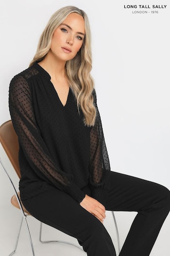 Long Tall Sally Black Dobby Spot Shirred Cuff Top (AB5709) | £28