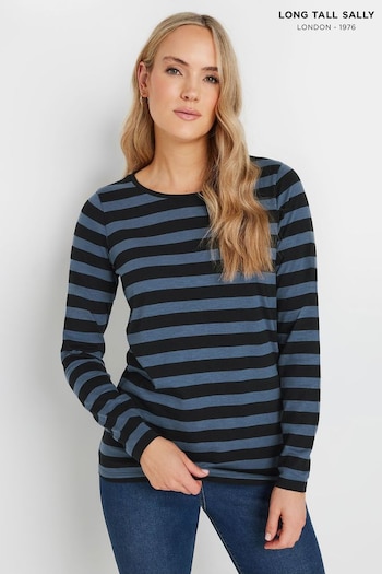 Long Tall Sally Blue Stripe Long Sleeve Scoop Neck 100% Cotton T-Shirt (AB5824) | £19