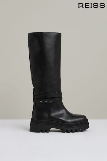 Reiss Black Albany Leather Chunky Flat Knee-High Boots (AB5968) | £288