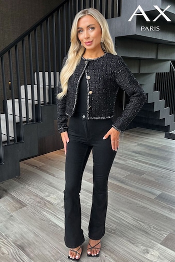 AX Paris Sparkle Tweed Contrast Hem Detail Cropped Black Jacket (AB6746) | £65