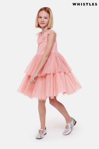 Whistles Dusty Pink Kids Tilda Tulle Frill Sleeve Dress (AB7220) | £69