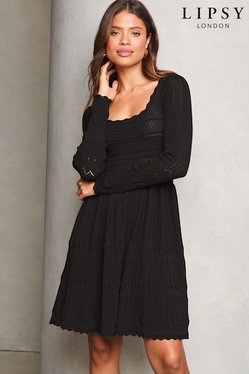 Lipsy Black Long Sleeve Stitch Detail Lantern Knitted Dress (AB8443) | £58