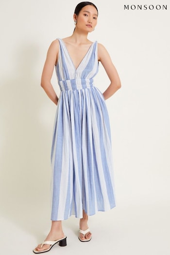 Monsoon Blue 100% Cotton Celia Stripe Dress (AB8837) | £85