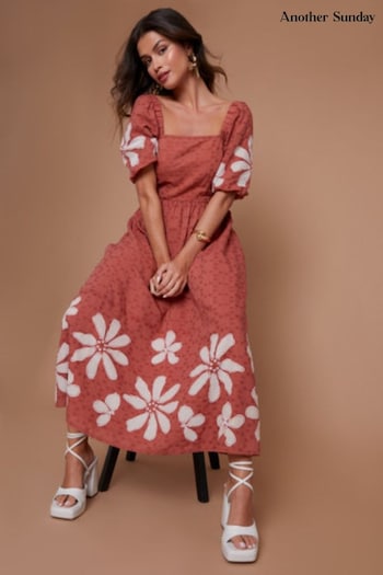 Another Sunday Orange Puff Sleeve Milkmaid Floral Applique Midi Dress (AB9103) | £75
