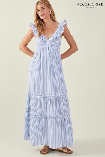 Accessorize Blue Stripe Ruffle Maxi 100% Cotton Dress (AB9372) | £55