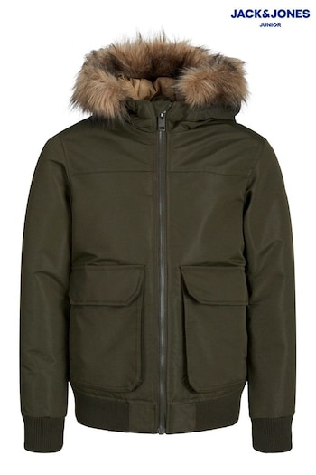 JACK & JONES JUNIOR Green Detachable Fur Trim Bomber Jacket (AB9439) | £55