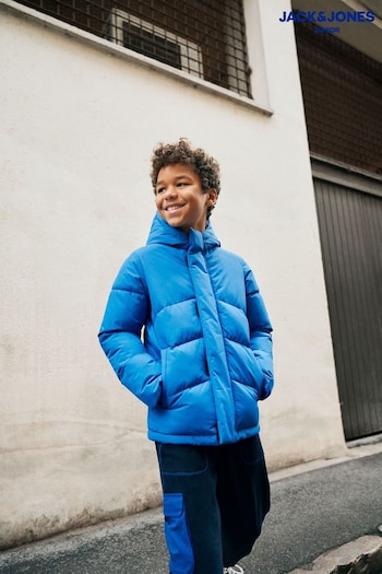 JACK & JONES JUNIOR Blue Hooded Puffer Nautical Jacket (AB9445) | £32