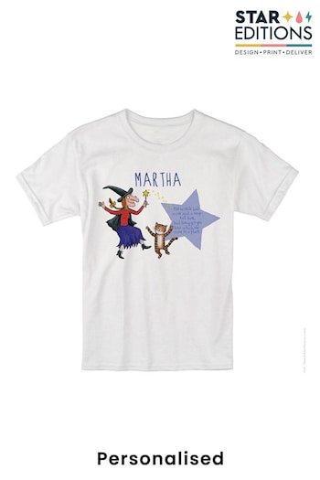 Star Editions Childrens White Personalised Witch And Cat Room On The Broom T-Shirt (AB9551) | £15