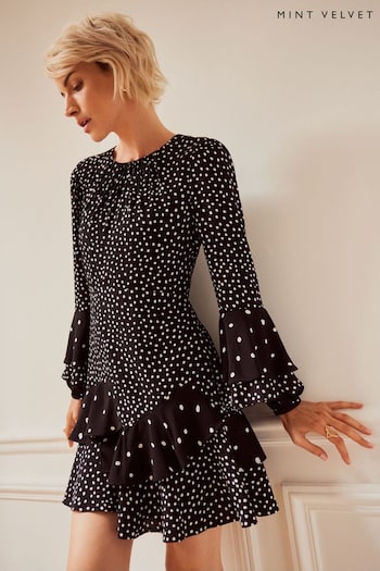 Mint Velvet Black Mini Spot Print Ruffle Dress (AC1048) | £109