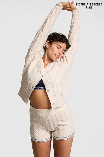 Victoria's Secret PINK Heather Oatmeal Beige Cropped Cable Knit Cardigan (AC1120) | £49