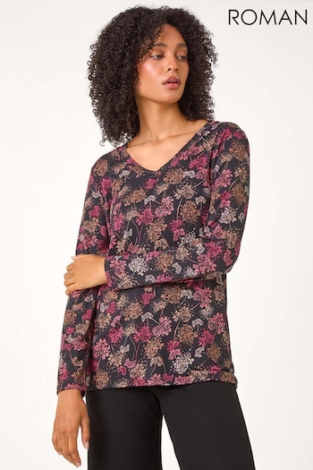 Roman Orange Floral Print Relaxed Stretch Tunic Top (AC1271) | £32