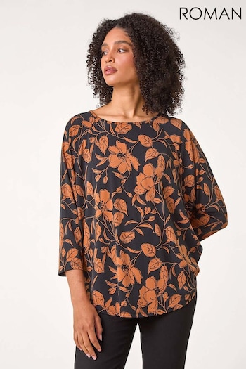 Roman Brown Leaf Print Raglan Sleeve Stretch Top (AC1294) | £32