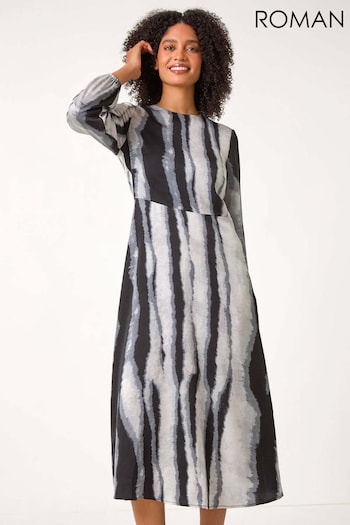 Roman Grey Shadow Stripe Print Midi Dress (AC1298) | £48