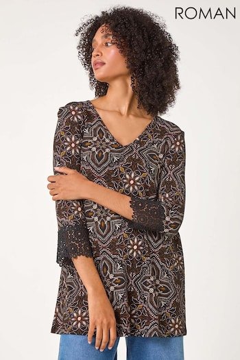 Roman Black Abstract Print Lace Detail Tunic Top (AC1303) | £32