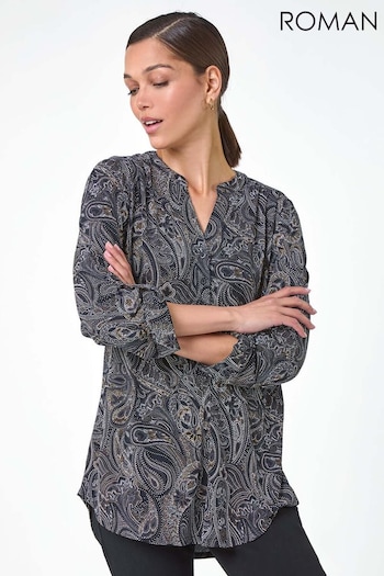 Roman Black Textured Paisley Print Stretch Blouse (AC1596) | £35