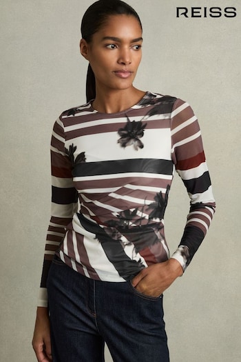 Reiss Burgundy Cara Ruched Abstract Stripe Top (AC2135) | £118