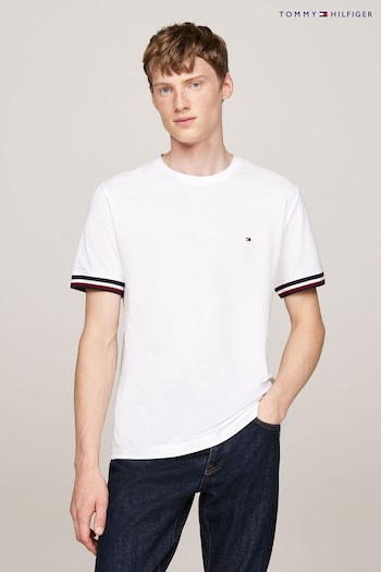 Tommy Eton Hilfiger White Global Stripe Cuff Pique T-Shirt (AC2502) | £55