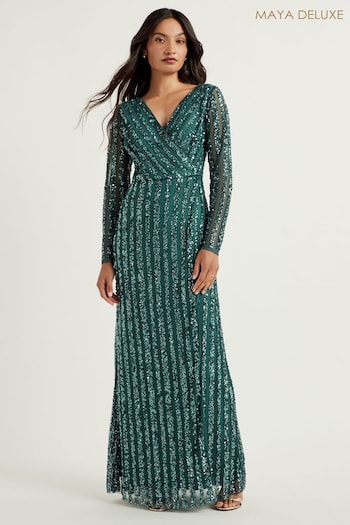 Maya Green Stripe Embellished Long Sleeve Wrap Maxi Dress (AC2507) | £195