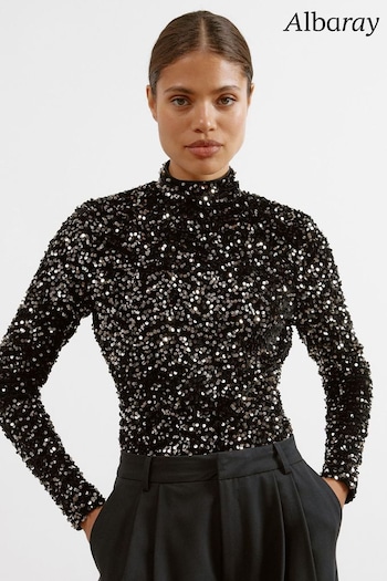 Albaray Velvet Sequin Turtle Neck Black Top (AC4090) | £79