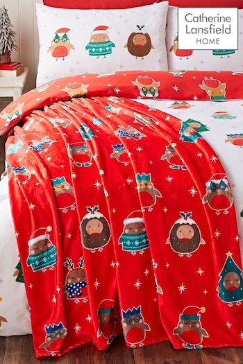 Catherine Lansfield Red Christmas Party Robins Soft and Cosy Fleece Throw (AC4302) | £12