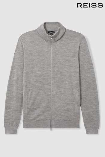 Reiss Warm Grey Melange Hampshire Merino Wool Zip-Through Cardigan (AC4757) | £118