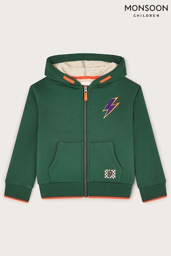 Monsoon Green Kapow Borg Lined Zip-Up 100% Cotton Hoodie (AC4968) | £45 - £49