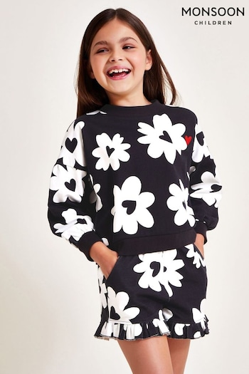 Monsoon Black Floral 100% Cotton Sweatshirt And Shorts Set (AC4971) | £25 - £30