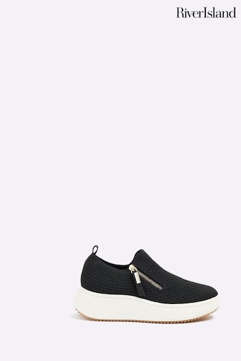 River Island Black Knitted Slip On Wedge Trainers (AC5941) | £42