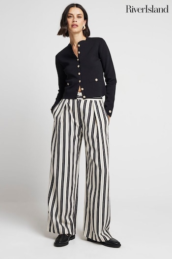 River Island Black Stripe Wide Leg Pleated Tailored Trousers (AC5952) | £40