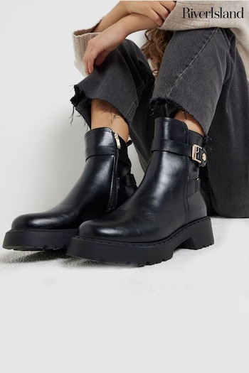 River Island Black Chunky Ankle Boots With Buckle (AC5954) | £48