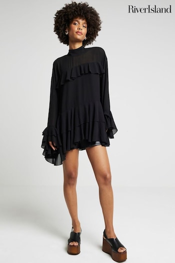 River Island Black Ruffle Blouse (AC6314) | £42