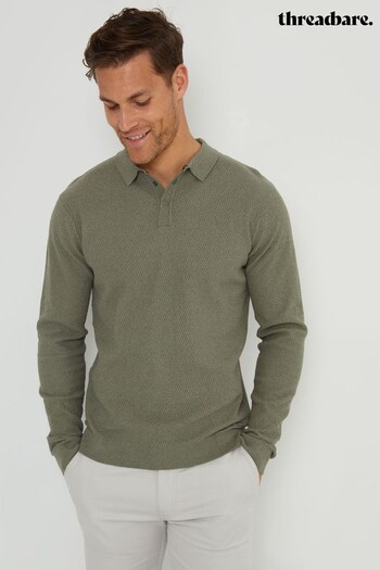 Threadbare Green Long Sleeve Textured Knitted Polo Shirt (AC6569) | £24