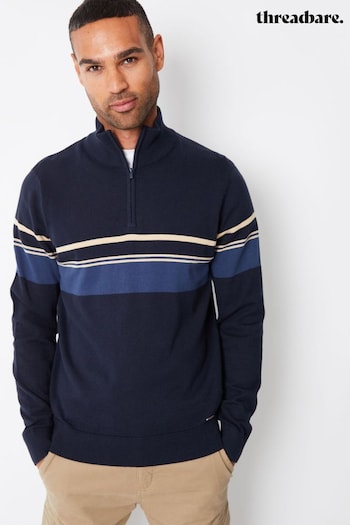 Threadbare Navy Blue Colourblock Quarter Zip Knitted 100% Cotton Jumper (AC6587) | £26