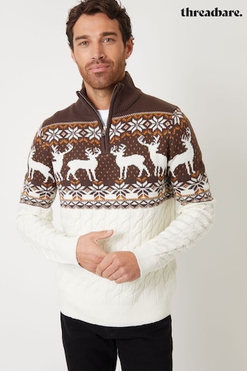 Threadbare Brown Fairisle Pattern Cable Knit Quarter Zip Christmas Jumper (AC6690) | £26