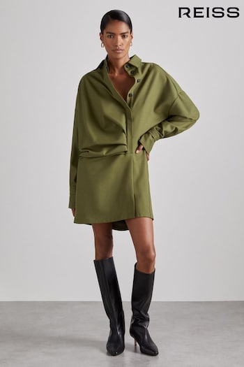 Reiss Khaki Mila Atelier Draped Shirt Dress with Wool (AC6806) | £395