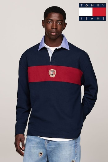 Tommy Jeans Blue 100% Cotton Colourblock Crest Rugby Polo Shirt (AC7020) | £95