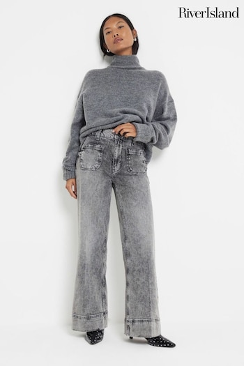 River Island Grey Petite High Rise 100% Cotton Wide Leg Jeans (AC7334) | £50