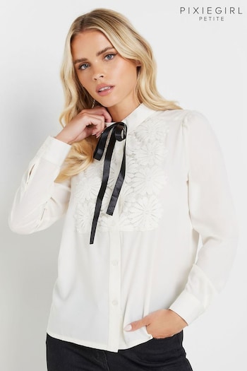 PixieGirl Petite Cream Tie Neck Lace Trim Blouse (AC7465) | £29