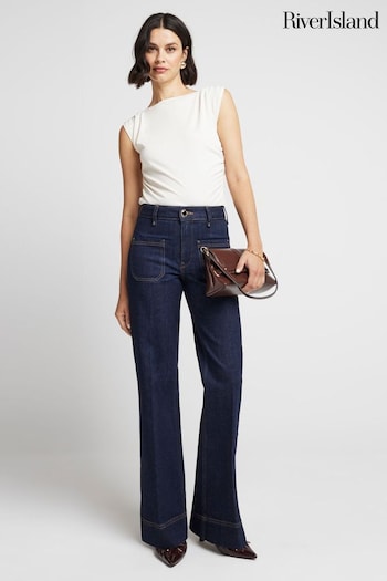 River Island Blue High Rise Pocket Front Wide Leg Jeans (AC7674) | £50