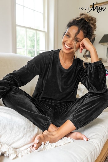 Pour Moi Black Ribbed Cosy Fleece Lounge Pyjama Set (AC8392) | £39