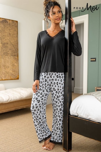 Pour Moi Black Brushed Rib Lace Trim V Neck Lounge Pyjama Set (AC8393) | £0