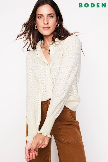 Boden Cream Tia Pointelle Frilled Cardigan (AC8495) | £85