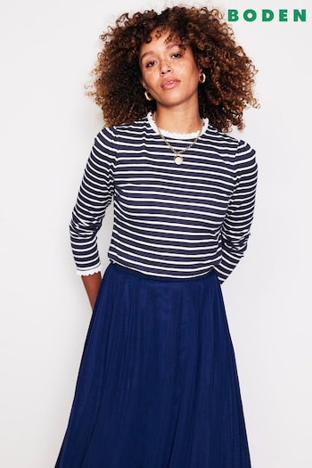 Boden Blue Broderie Trim Stripe Top (AC8497) | £42