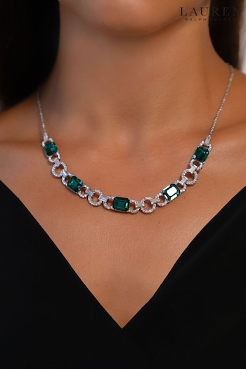 Lauren Ralph Lauren Pearson 16in Rhodium and Emerald Crystal Baguette Frontal Necklace (AC8616) | £100